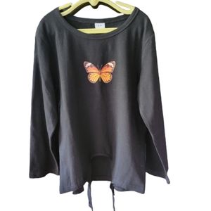 Monarch Butterfly Long Sleeve Jersey Tie Top  Black Scoop Neck  Girl's 8-9Y  NEW